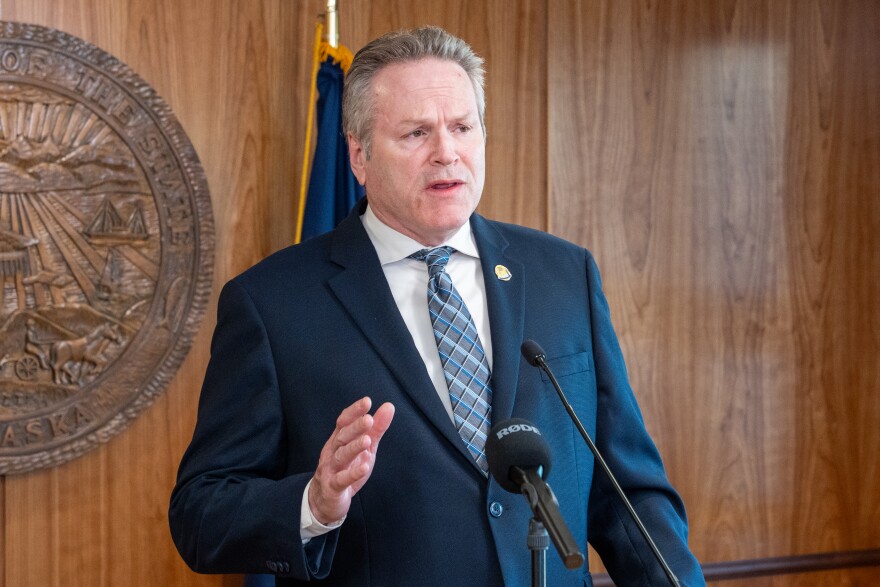 Gov. Mike Dunleavy speaks during a news conference on June 19, 2026.