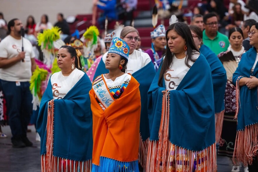 Star Yellowfish, director of Native American student services for Oklahoma City Public Schools (left), attends a powwow with students in 2025.