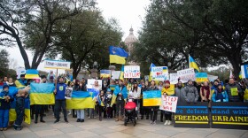 Protestors at Texas Captiol protest Russian invasion of Ukraine on Feb. 24, 2022. Patricia Lim/KUT