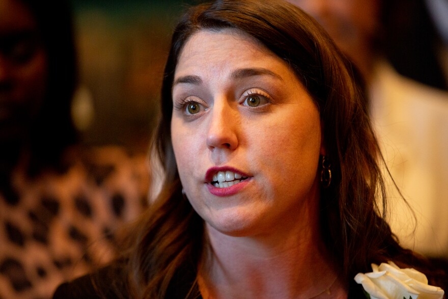 House Minority Leader Rep. Crystal Quade, D-Springfield, addresses the media on Wednesday, Jan. 4, 2023, during the first day of the legislative session at the Missouri State Capitol in Jefferson City.