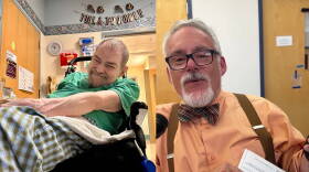 Edward Hollembaek (left) in his room at Monroe Community Hospital in June. He was one of the 1966 picketers. Bruce Darling (right) speaks at Center for Disability Rights, where he is president of the organization.