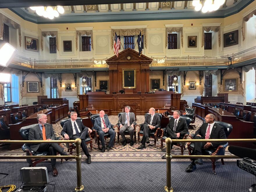 Members of the South Carolina Senate Republican Caucus speak to reporters on Wednesday, Jan. 7, 2026, inside the Statehouse Senate chambers in Columbia, S.C. Pictured from left are Republican Sens. Michael Johnson of York County; Tom Davis of Beaufort County; President Thomas Alexander of Oconee County; Senate Majority Leader Shane Massey of Edgefield County; Sean Bennett of Dorchester County; Greg Hembree of Horry County; and Mike Reichenbach of Florence County.