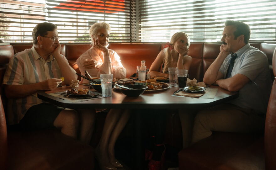 left to right: Jeremy Swift, Hannah Waddingham, Juno Temple, and Jason Sudeikis in the fourth season premiere of ‘Ted Lasso.’