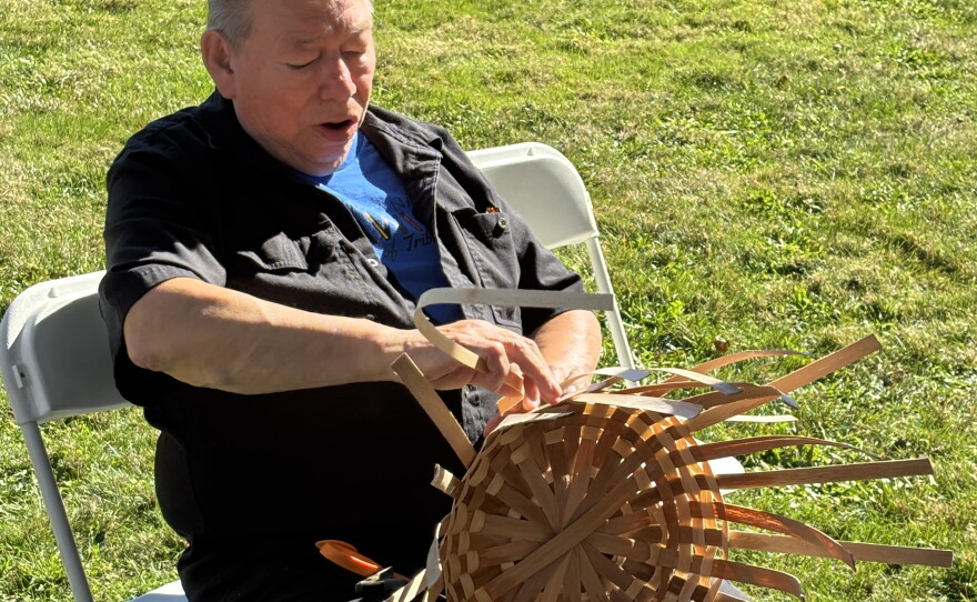 Richard Silliboy, former vice chief of the Mi’kmaq Nation, demonstrates making an ash basket at Indigenous Peoples’ Day celebration in Augusta hosted by the Wabanaki Alliance on Monday, Oct. 12, 2026.