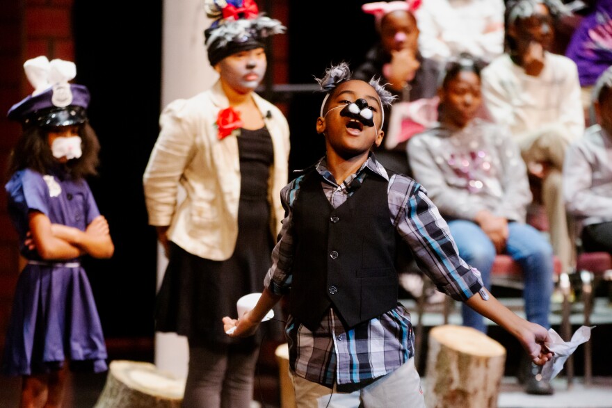 Aiden Westbrook plays the role of The Wolf on Tuesday during a performance of “The Big Bad Day,” an original opera written by Jefferson School third graders, at the Touhill Performing Arts Center.