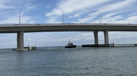 A north-facing view of the Lesner Bridge at Lynnhaven Inlet in Virginia Beach in May 2025. A proposed surge barrier would stretch across the channel on the north side of the bridge.