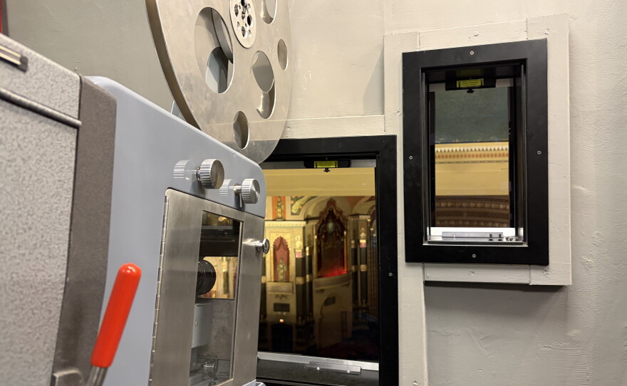 The projection room in the balcony of Milwaukee's Oriental Theatre overlooks the main cinema house.