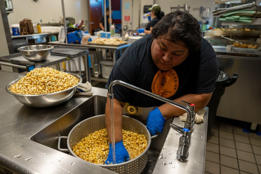 Elizabeth Gonzalez washes the fresh native corn that will be turned into the tortillas.
