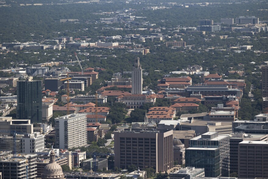 A view of the UT Tower in Austin taken from above