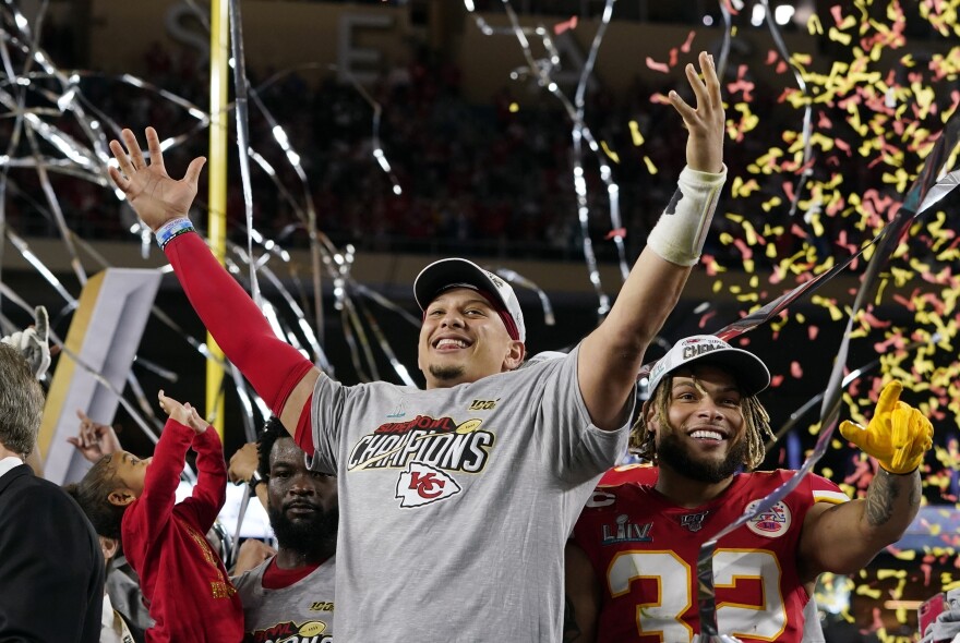 Kansas City Chiefs quarterback Patrick Mahomes, left, and Tyrann Mathieu celebrate after defeating the San Francisco 49ers in Super Bowl LIV on Sunday in Miami.