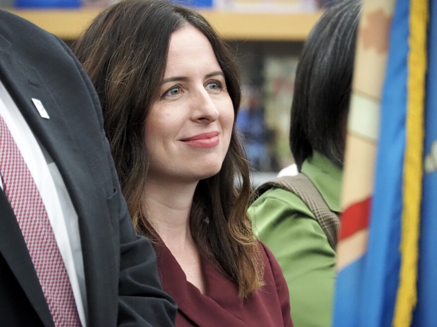 Office of Educational Quality and Accountability executive director Megan Oftedal attends a news conference Thursday at Eisenhower International School in Tulsa where she is announced to be part of a “turnaround team” coming to the Oklahoma State Department of Education.