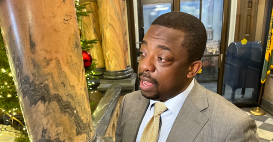 Lt. Gov. Brian Benjamin speaks to the media at Rochester City Hall, shortly after announcing $20 million in downtown revitalization funds are headed to the Finger Lakes region.