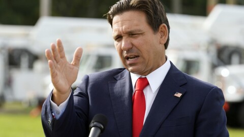 Florida Gov. Ron DeSantis gestures during a news conference about soon-to-be Hurricane Helene on Sept. 25, 2024, at the Tampa Electric Company.