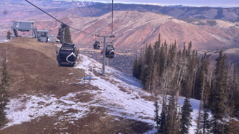 Bare ground is seen from the Silver Queen Gondola on Opening Day at Aspen Mountain, November 27, 2025.