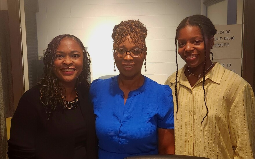 Bridging the Gap Center for the Arts Board of Directors member Cotrenia Hood, Founder and Executive Director Sonya McCarter, and professional dancer/dance instructor Eden Collier in the WGCU-FM talk studio.