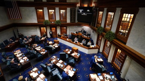 FILE - Senators meet in the senate chamber at the Statehouse, Feb. 1, 2024, in Indianapolis. (AP Photo/Darron Cummings, file)