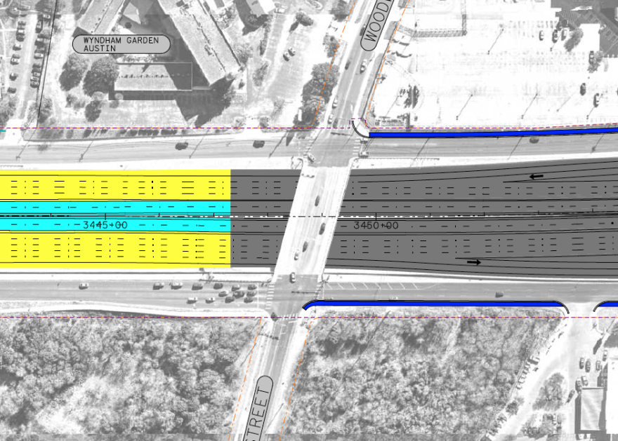 An aerial view of the schematic at I-35 and Woodward. Blue lanes indicating shared-use paths are shown south of the Woodward Street Bridge. 