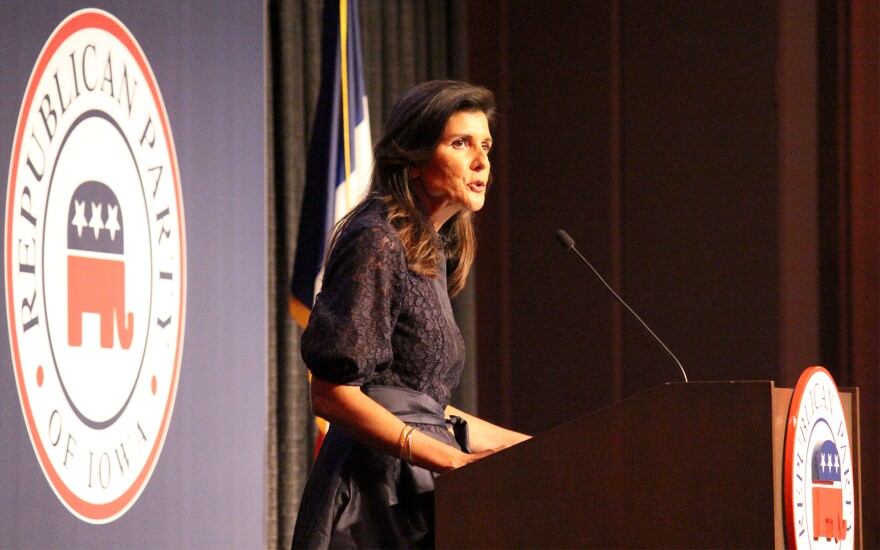 Former U.N. ambassador Nikki Haley speaks to Iowa Republicans at the annual Lincoln Dinner.
