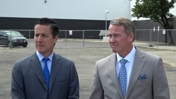 U.S. Sens. Bernie Moreno (left) and Jon Husted at an event in Columbus in August 2025.
