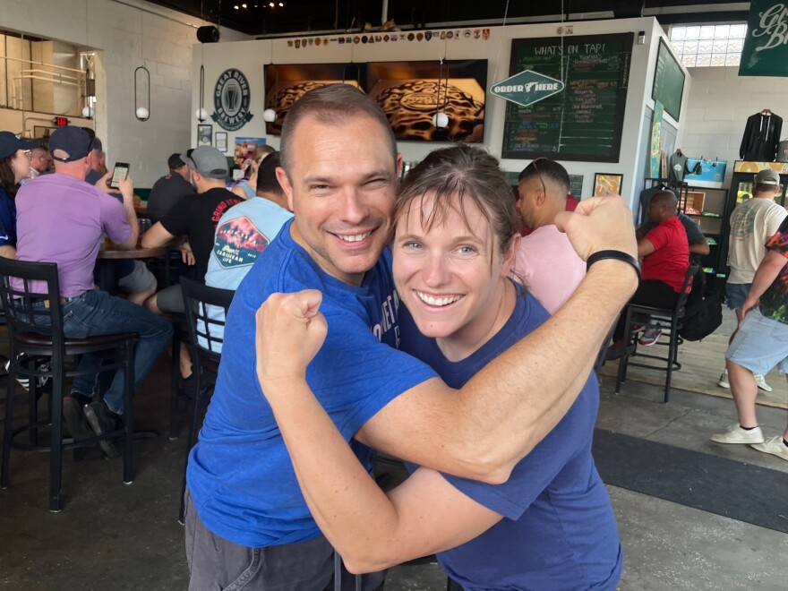 Davenport native Melissa Urbain has fun with her brother Nick during the U.S.-Australia World Cup soccer match, at Great River Brewery in downtown Davenport. Friday, June 19., 2026.