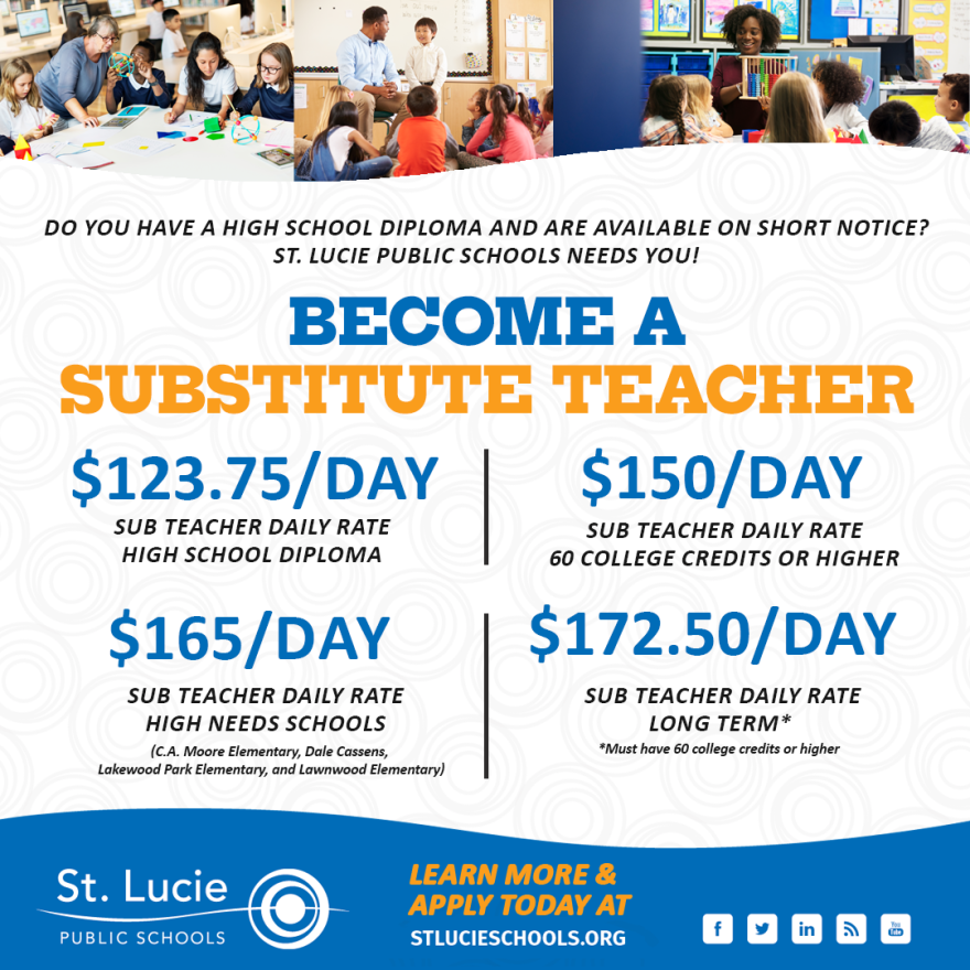 St. Lucie Public Schools Increases Substitute Teacher and Staff Pay | WQCS St. Lucie Public Schools Increases Substitute Teacher and Staff Pay | WQCS