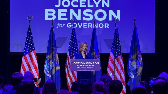 Michigan Secretary of State Jocelyn Benson celebrates her victory in the Democratic gubernatorial primary on August 4, 2026.