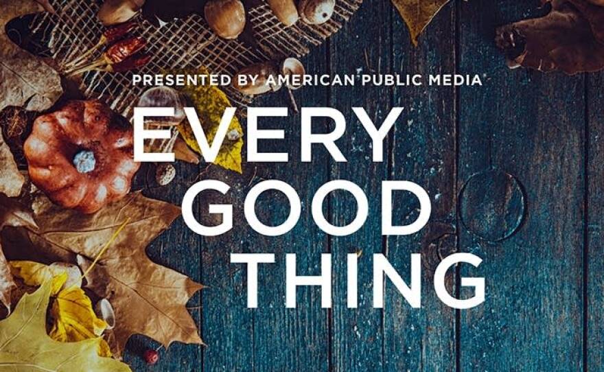 A rustic blue wooden background covered in leaves, acorns, and small pumpkins. Text says: "Presented by American Public Media: Every Good Thing."