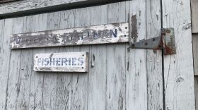 The door of an old fishing shanty in Fishtown, Leland. (Photo: Ellie Katz/IPR News)