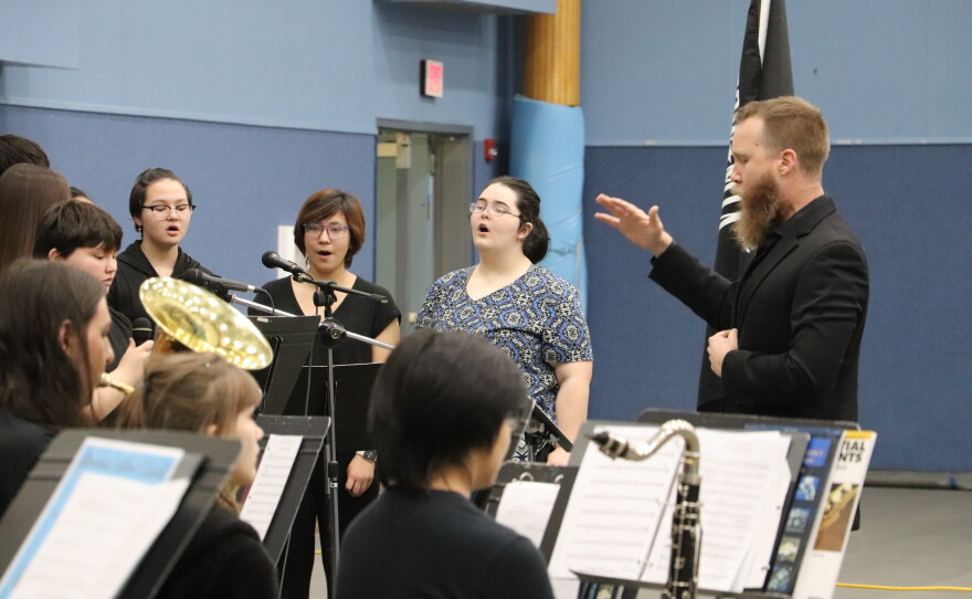 Music teacher Jon Bell directs the Dillingham band and choir. Nov. 14, 2022.