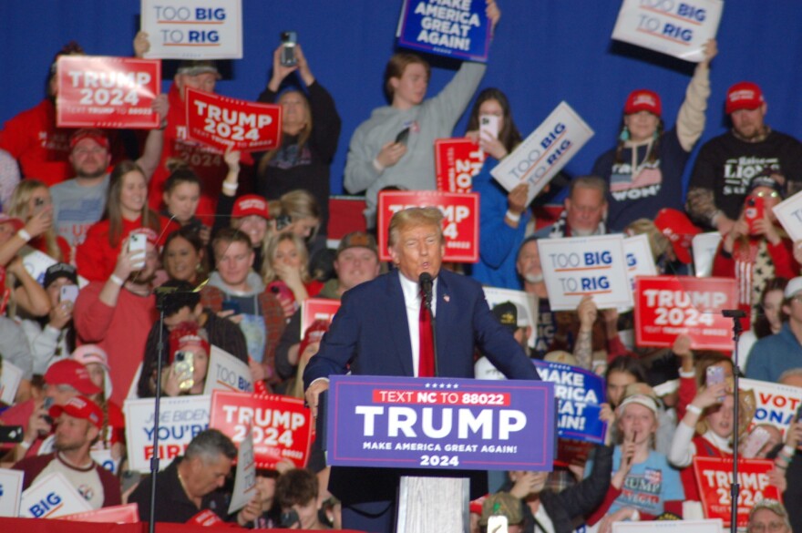 Former President Donald Trump spoke at a rally in Greensboro in March. Political scientist Martin Kifer says it's not clear what effect if any the assassination attempt Saturday will have in the November election. DAVID FORD/WFDD