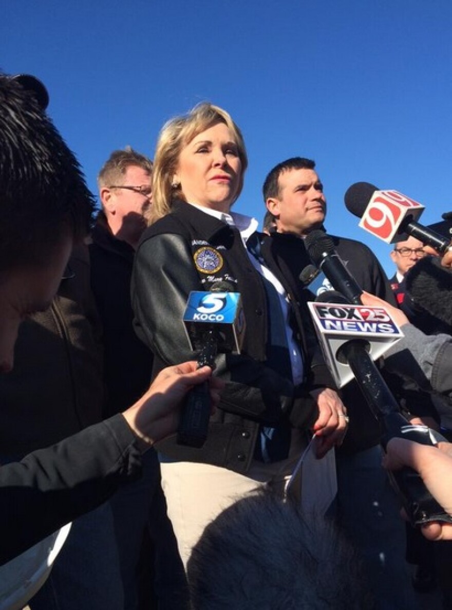 Gov. Mary Fallin speaks to members of the media March 26 after touring the damage at Southgate-Rippetoe Elementary School in Moore.