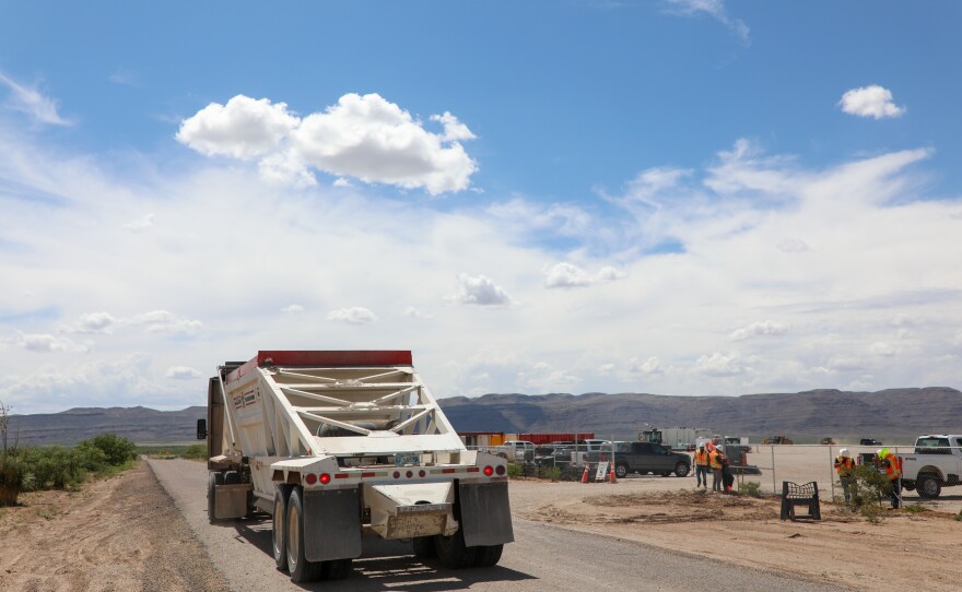 A truck pulls into a “man camp” housing facility for border wall workers near Van Horn, Texas on June 4, 2026. 
