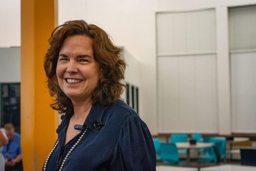 Elizabeth Grant, the new superintendent of the Salt Lake City School District, smiles for a picture in the North Star Elementary school library, July 6, 2023. Grant answered questions from journalists after touring the summer school programs at North Star.