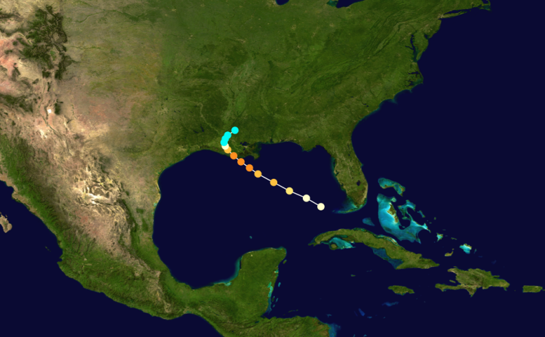 The track of the 1856 hurricane that destroyed Isle Deniere