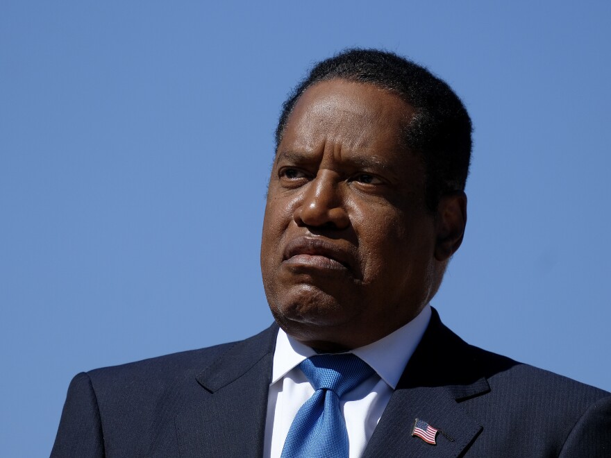 Republican conservative radio show host Larry Elder speaks at a rally for the California gubernatorial recall election on Monday, Sept. 13, 2021, in Monterey Park, Calif.