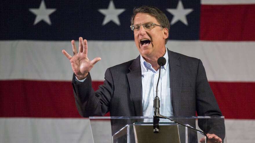 On Wednesday, North Carolina Gov. Pat McCrory signed into law a bill blocking anti-discrimination rules that would protect gay and transgender people. Above, McCrory speaks during the Wake County Republican convention at the state fairgrounds in Raleigh on March 8.