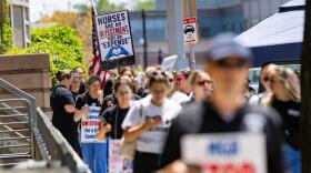 More than 4,000 nurses at Brigham and Women's Hospital picket on Francis Street in Boston on Wednesday. (Jesse Costa/WBUR)