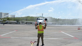 Pictured: Contour Airlines’ inaugural flight between St. Thomas and St. Maarten receives a water salute upon landing at Cyril E. King airport on October 5, 2026.