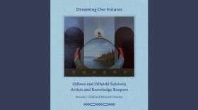 Cover of "Dreaming Our Futures" by Brenda J. Child and Howard Oransky, fantastical painting of a being with curved arms over a forested lakeshore amid blue tones and shapes