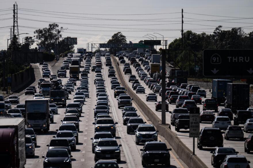 Traffic moves along the 91 Freeway, in Cerritos, Calif., on April 1, 2026. (Jae C. Hong/AP)