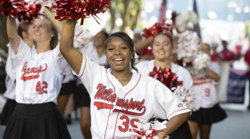 The Little League World Series parade included Williamsport Area High School cheerleaders and the marching band.