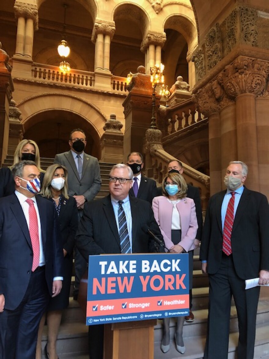Republican State Senators spoke about their agenda for improving the state, including repealing the state's bail reform laws, on January 24, 2022. Senator Tom O'Mara, R- Elmira, is at the podium.