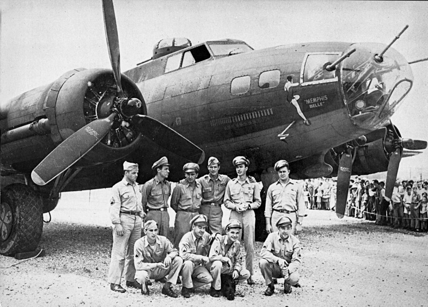 The crew of the Memphis Belle, a Flying Fortress B-17F, poses in front of their plane in 1943, in Asheville, N.C.