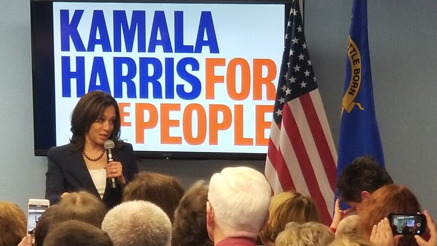 California Senator Kamala Harris stands in front of supporters at a campaign event at Washoe County Democratic Headquarters in Reno. 