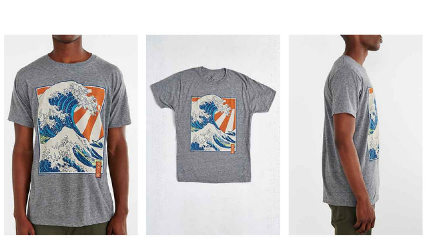Here's a Great Wave-style T-shirt with the imperial Japanese flag in the background.