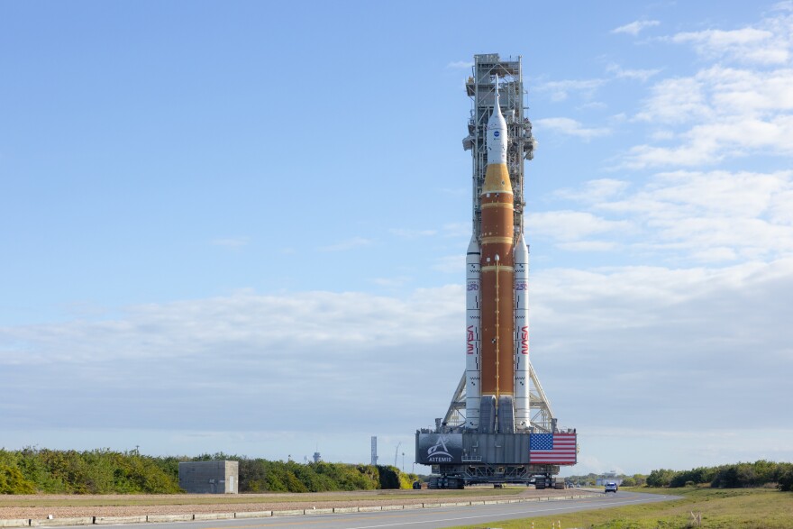 NASA's SLS rocket makes its journey Saturday from Kennedy Space Center's Vehicle Assembly Building to Launch Pad 39B