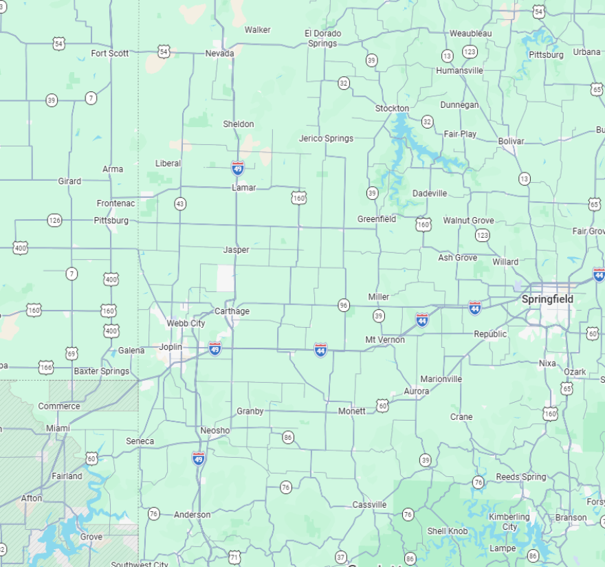 A map showing I-49 from the Arkansas state line to Nevada, Mo.
