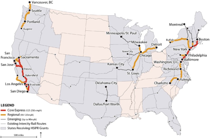 A map showing current High-Speed Intercity Passenger Rail program investments.