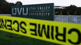 Crime scene tape surrounds Utah Valley University after Turning Point USA CEO and co-founder Charlie Kirk was shot and killed, Sept. 13, 2025, in Orem, Utah.
