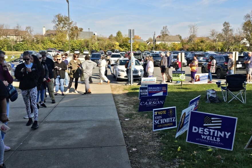 Voters line up outside of the MSD Lawrence Education & Community Center at lunchtime on Oct. 30, 2024.